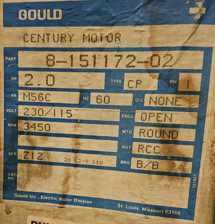 Gould Century Motor 8-151172-02 2HP 230/115V 3450RPM